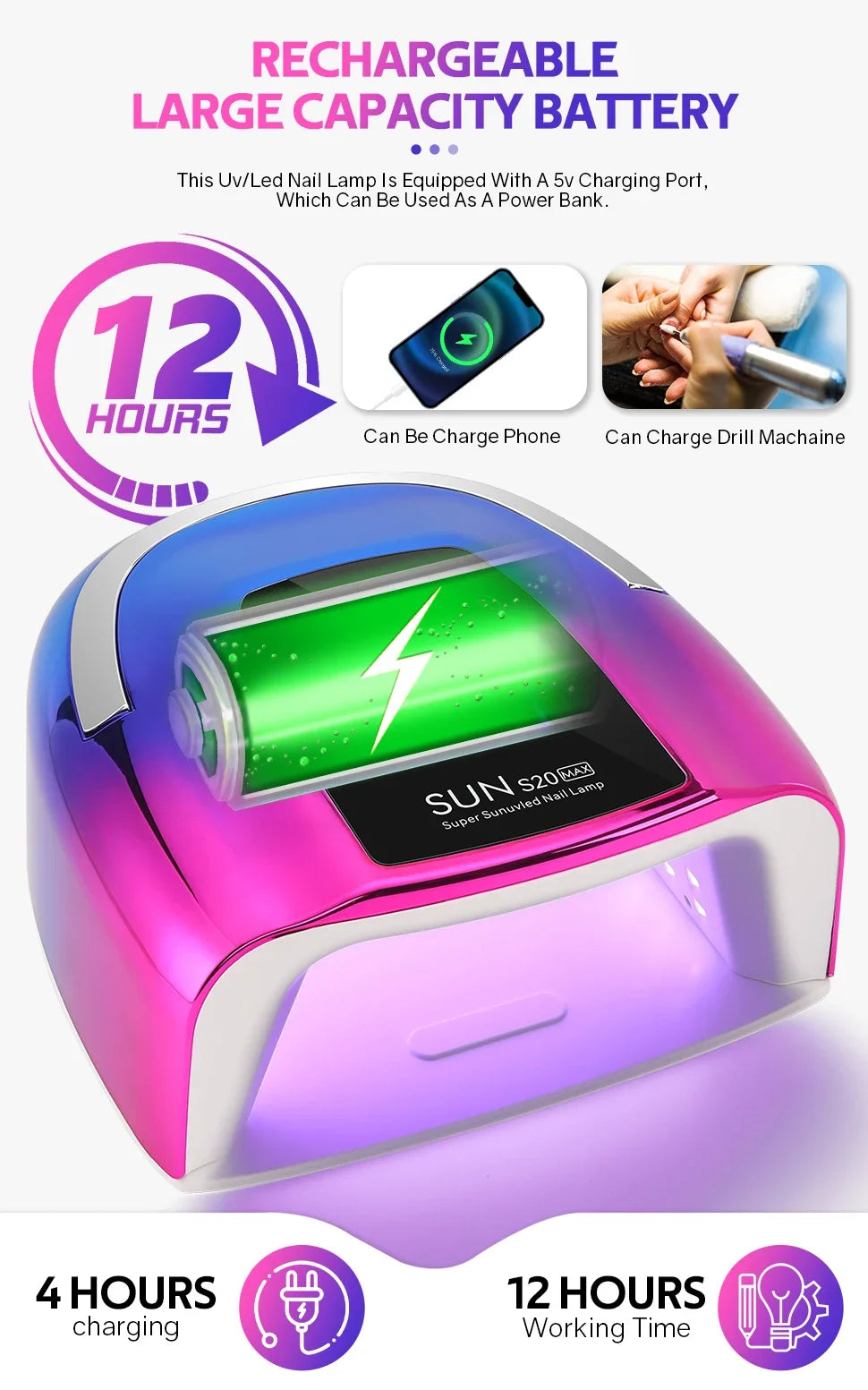 200W UV LED Nail Lamp 48 LEDs Nail Dryer with HD LCD Display Rechargeable Manicure Lamp for Curing All Nails Gel Nail Art Tools