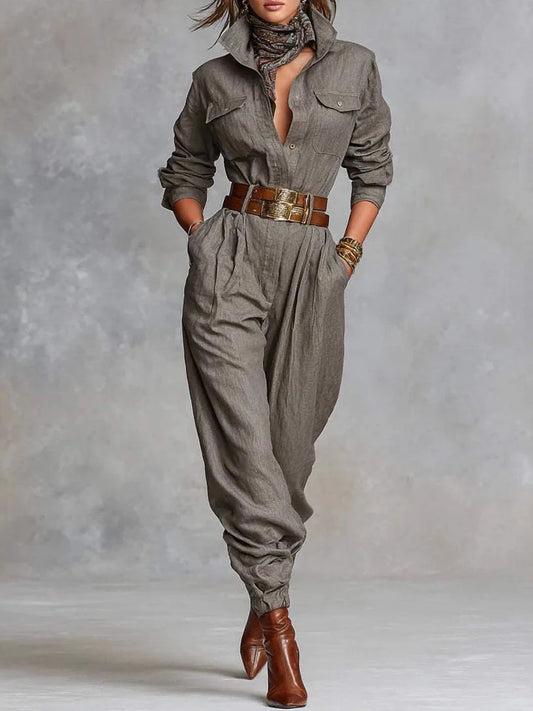 Fashion Lapel Collar Button Pocket Long Jumpsuit Women Casual Long Sleeve Solid Party Romper Elegant Street Loose Cargo Playsuit