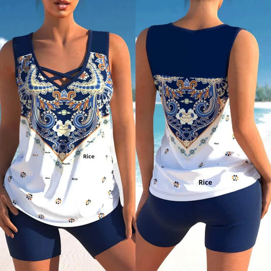New Large Size Quick Dry Women's Shorts Strap Conservative Separate Bikini Swimsuit Flat Angle Vest Two Piece Swimwear Set