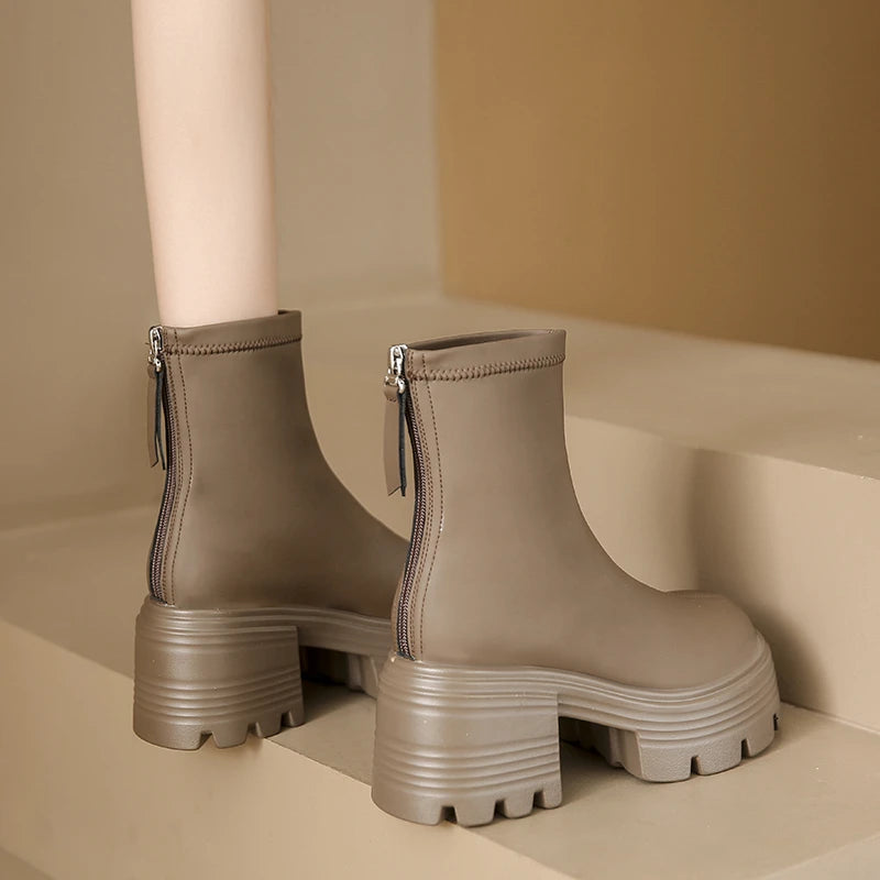 8CM Autumn Chunky Boots High Platform Leather Sneakers Women Round Toe Chelsea Boots British Style Thick Sole Female Ankle Shoes