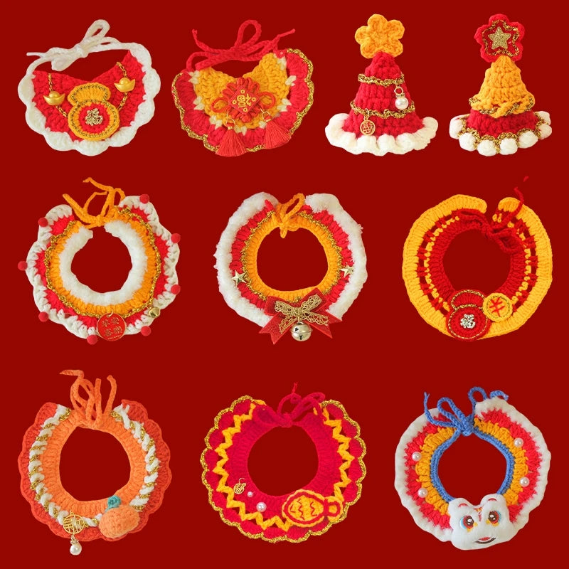 New Year Cat Collar Pet Cat Dog Scarfs Crocheted Kitten Puppy Collar Spring Festival Cat Cosplay Costume Pet Accessiories
