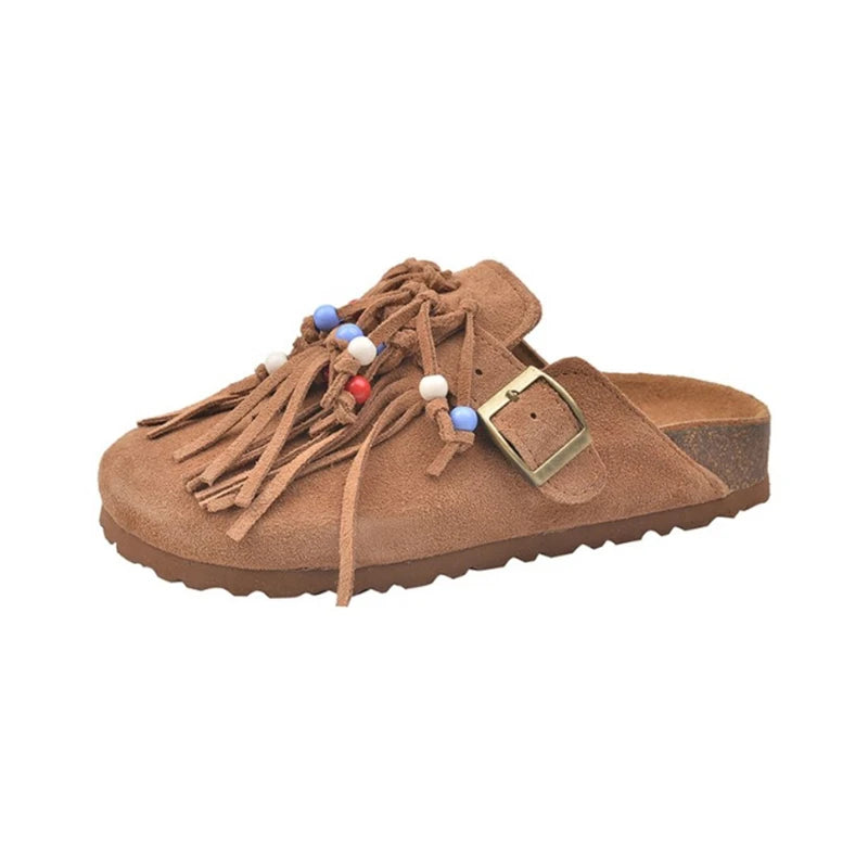 2025 Women Mules Shoes Flats Suede Women's Sandals Fringes Summer Fashion Slippers Walking Dress Cozy