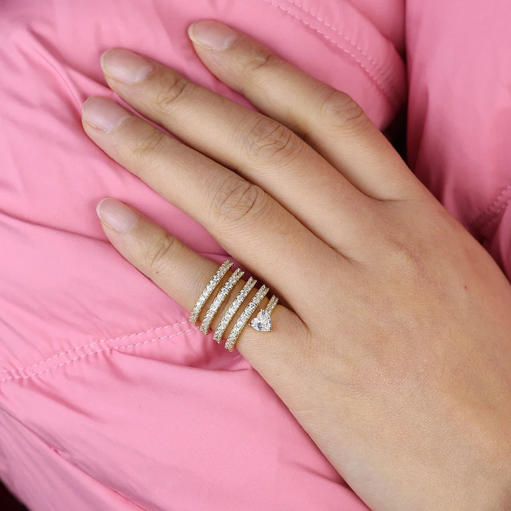 Micro Paved 5A CZ Multi Wrap Spring Spiral Open Adjusted Women Pinky Finger Ring Fashion Jewelry