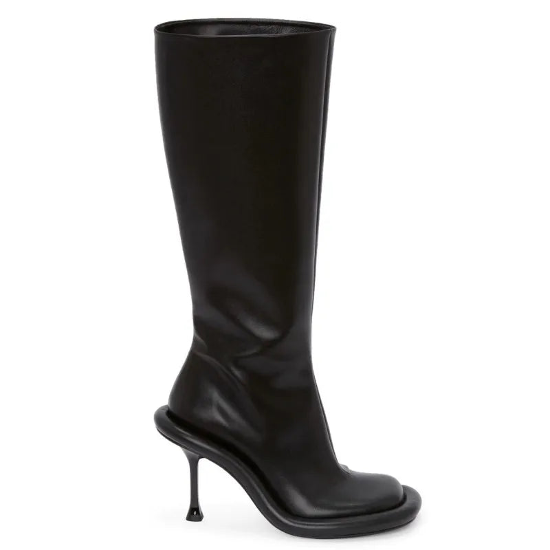 2025Women's New Slim High-heeled Knee High Boots with Side Zipper Round Toe 34-43 Large Mid Length Boots