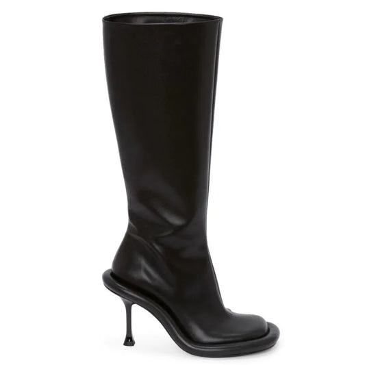 2025Women's New Slim High-heeled Knee High Boots with Side Zipper Round Toe 34-43 Large Mid Length Boots