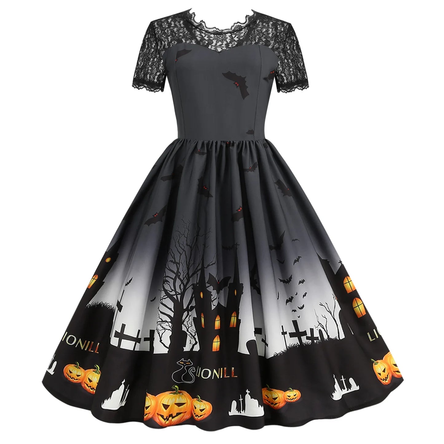 Halloween Gothic Dress Costume - Women's Retro Lace round Neck Short-Sleeved Printed Maxi Dress for Cosplay Party