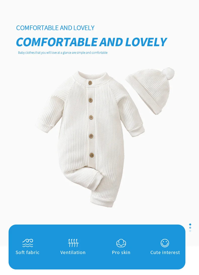 Spring and Autumn Knitted Newborn 2PCS Baby Onesie+Hats Minimalist Round Neck Button Comfortable Casual Raglan sleeve design
