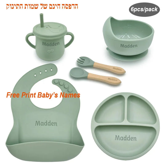 6PCS Silicone Feeding Set For Baby Personalized Name Logo Plate Bowl Customized Newborn Gift Silicone Straw Cup BPA Free