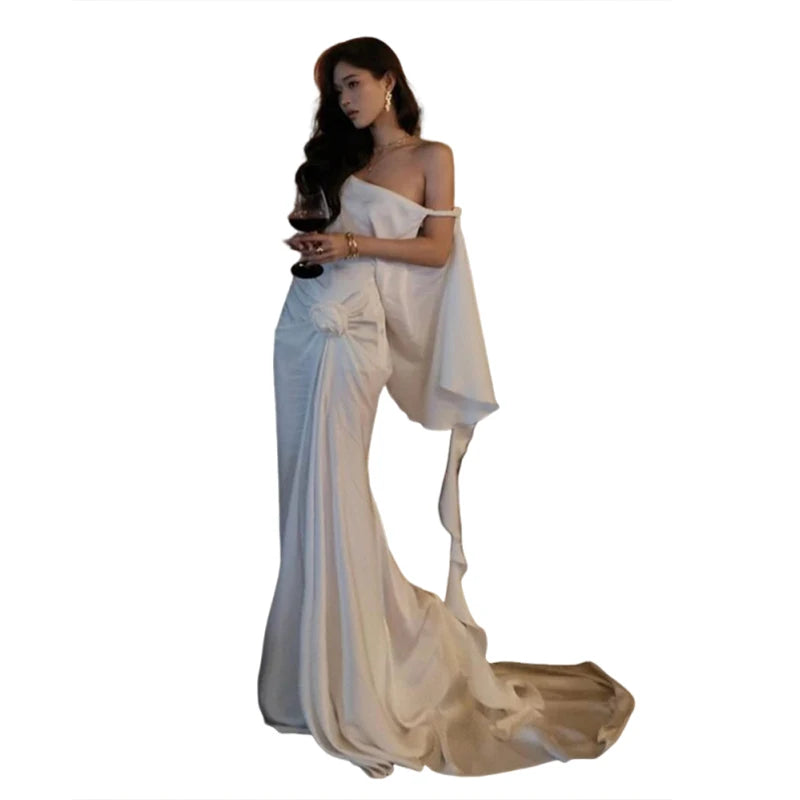 SIsterlinda Elegant Sexy Wedding Dress Women 3d Flowers Slash Neck Backless Irregular Ruffled Tassels Dinner Party Chic Vestidos