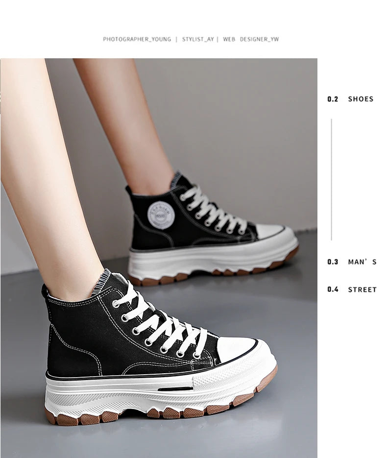 2026Women Canvas Shoes High Top Women's Vulcanize Shoes Lace-Up Casual Ladies Sneakers Plarform Non-slip Round Head Female Shoes