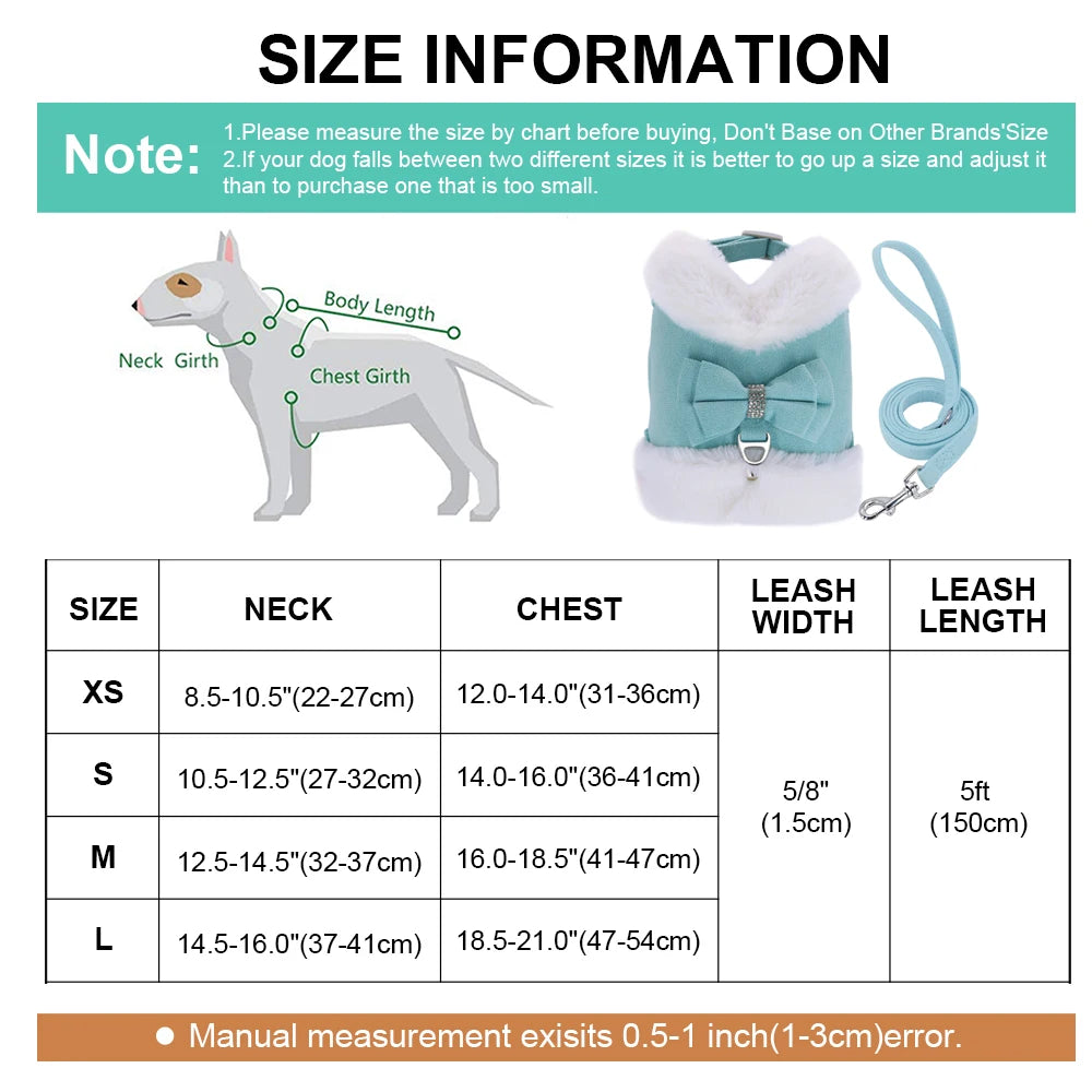 Soft Warm Dog Vest Harness and Leash Set Cute Bowknot Pet Winter Clothes Vest Warm Fur Small Dog Clothing French Bulldog Pink