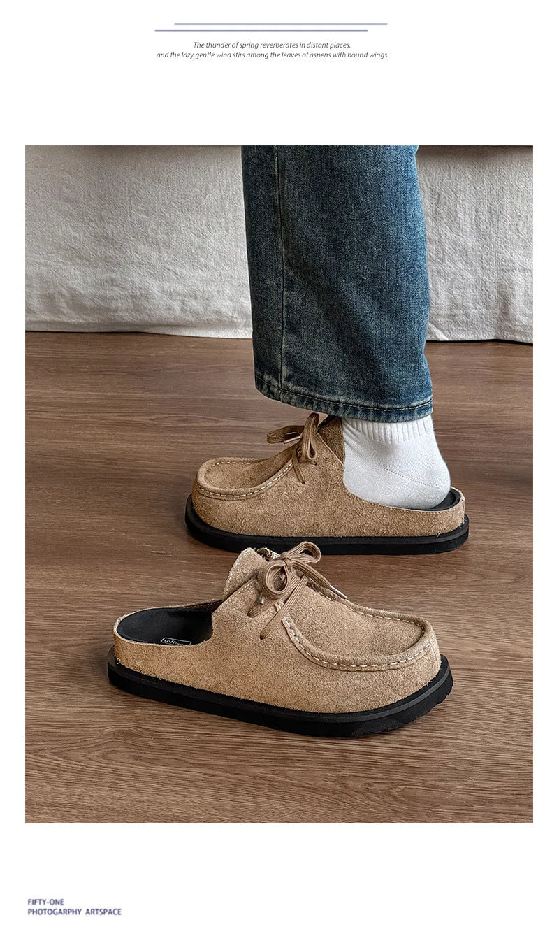 2025 Retro bag head lace-up leather one-pedal summer half slippers men and women couple cowhide shoes