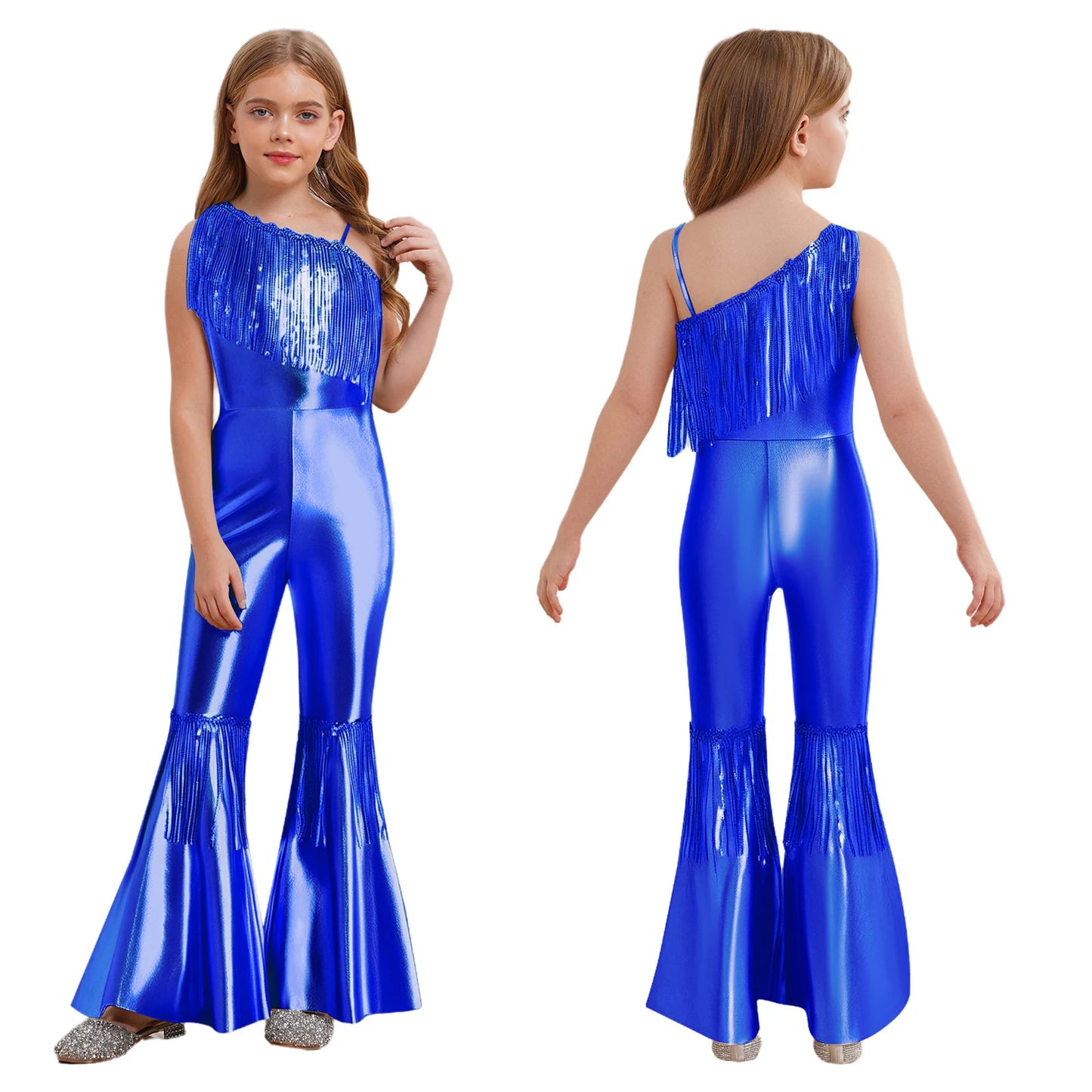 Halloween Kids Girls Hippie Costume Tassels Unitard Bell-bottom Long Pants Bodysuit Jumpsuit for Disco Dance 60s 70s Rave Party