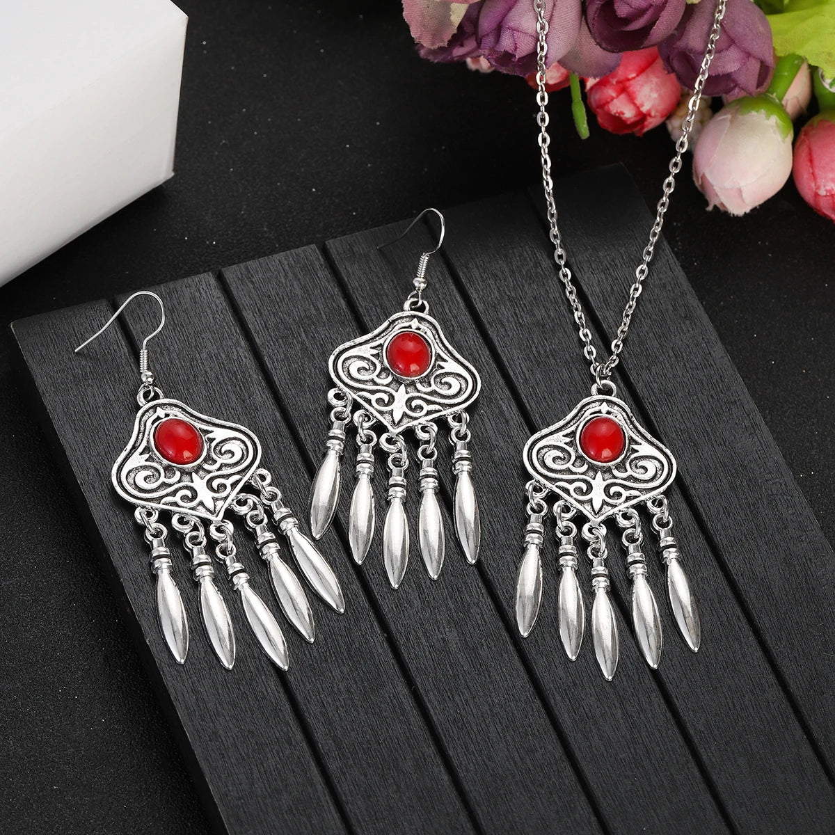 2023 Indian Jewelry Set Ethnic Silver Plated Geometric Carved Tassel Earring Necklace Women's Blue Turquoises Chain Jewelry
