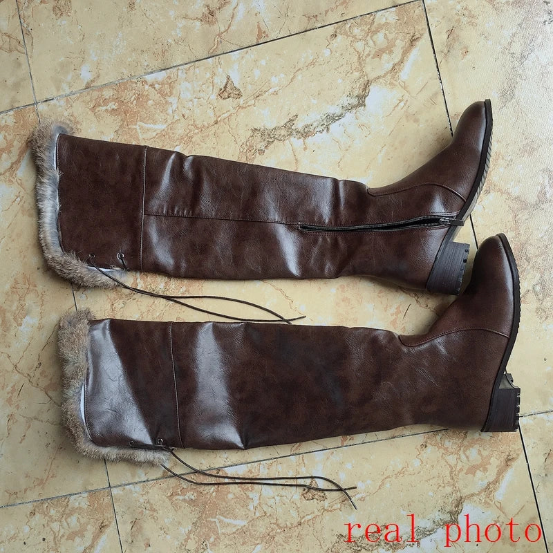 SIMLOVEYO Snow Boots fur Women Leather Boots Med Block Heels Over The Knee Boots Lady Shoes Bota Feminina Size 44 46