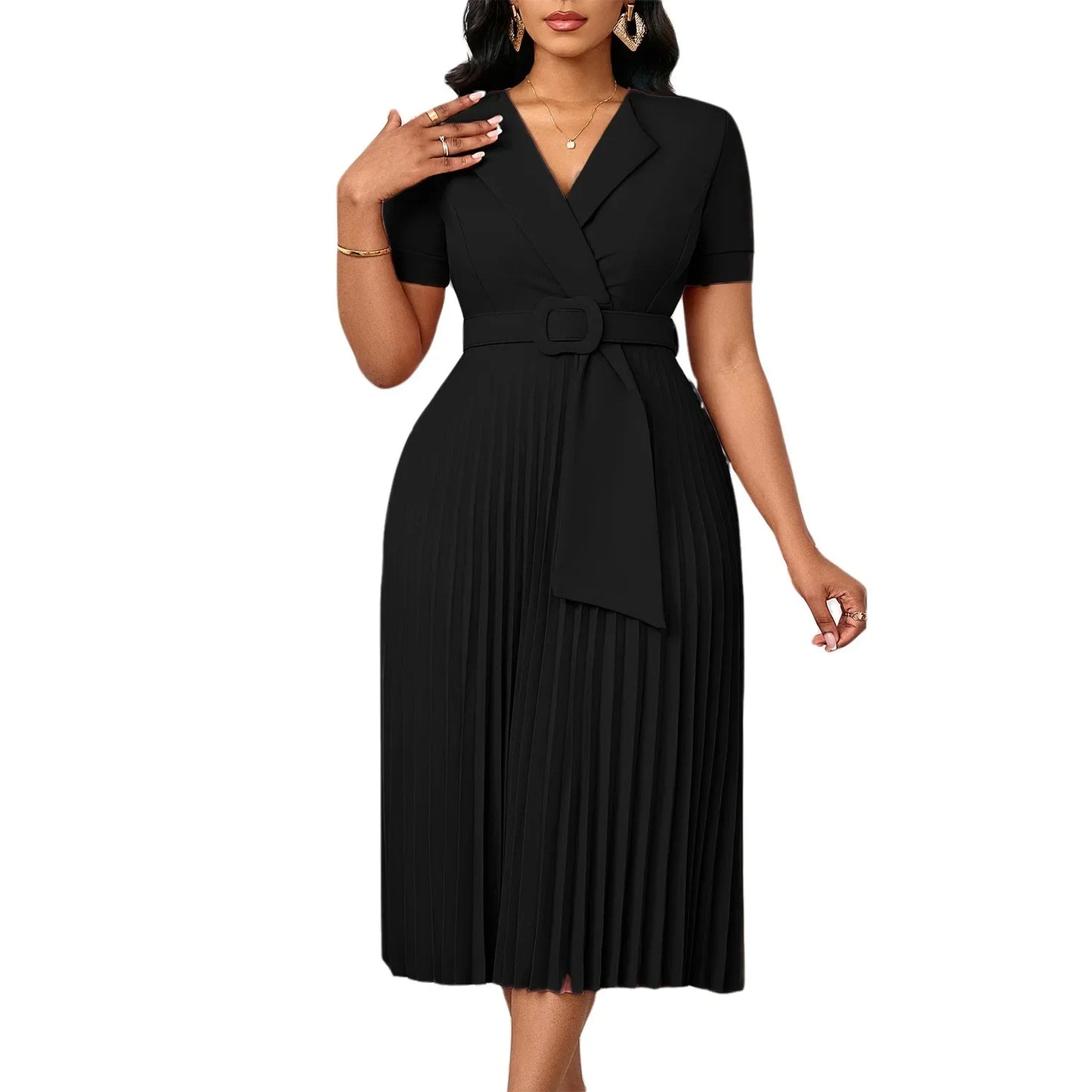 Sexy Short Sleeve V-Neck Elegant African Pleated Dress High Waist Midi Dress Fashionable Atmosphere Casual Elegant Style