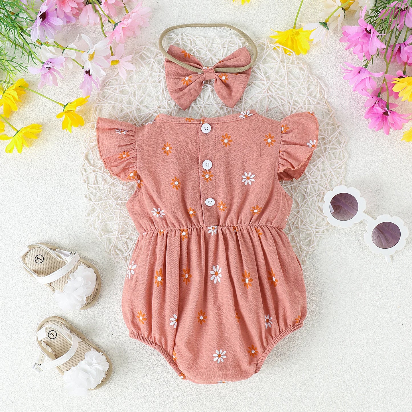 2PCS Summer 0-2 Years Old Comfortable Fashion Cute Baby Girl Multi-Color Printed Flower Jumpsuit + Bow Head Estimate