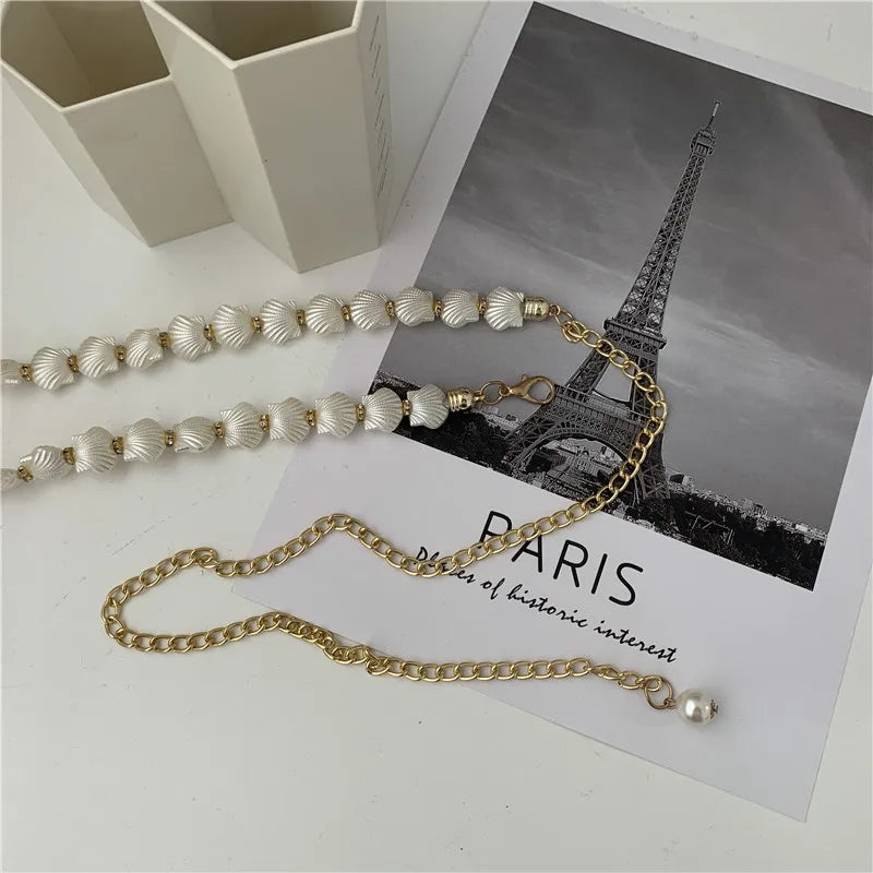 Shell Pearl Waist Chain Women Thin Metal Belt Dainty Body Jewelry Versatile Accessory for Dresses