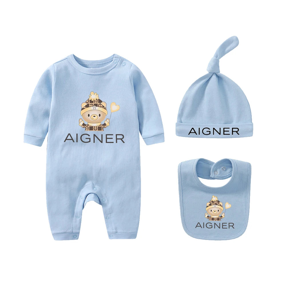 Popular bear jumpsuit, newborn autumn clothing hot selling, soft bib scarf hat, toddler jumpsuit set, baby long sleeved jumpsuit