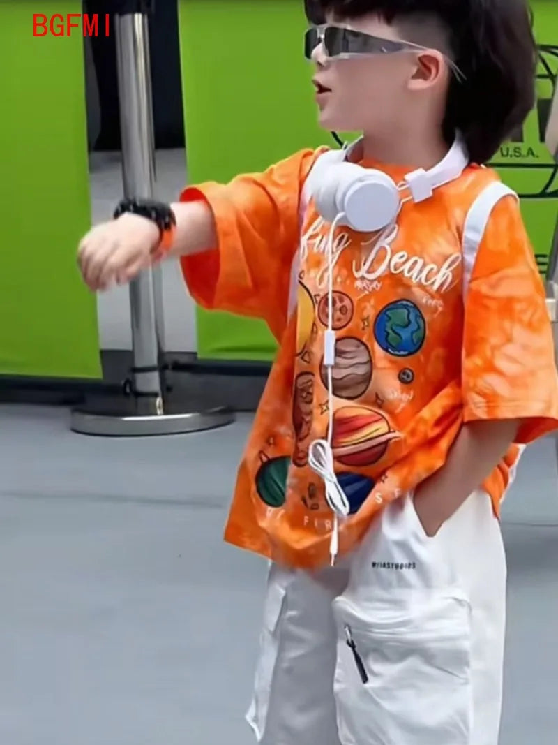 Summer Children's Costume Fashion Boys Clothing New Cartoon Printed Orange Short Sleeved T-shirt White Overalls Shorts 2pcs Set
