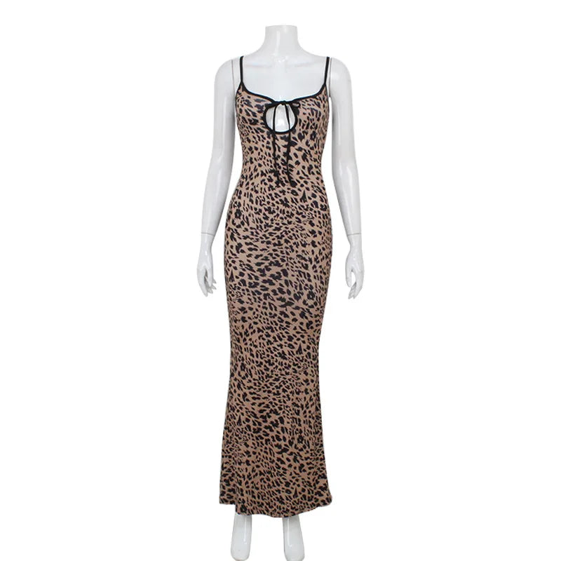 Summer Sexy Leopard Print Backless Prom Long Dress Fashion Elegant Women Long Party Evening Dress U-neck Lace-up Clothing