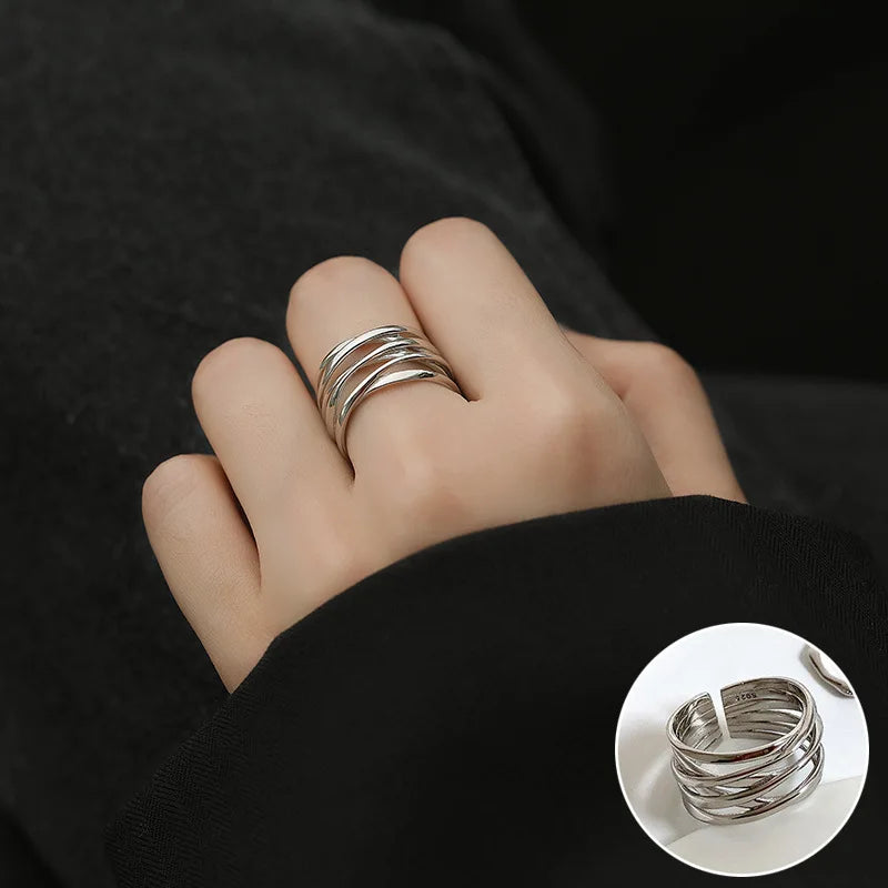 VENTFILLE 925 Sterling Silver Geometric Line Cross Wrap Open Ring For Women Gift Irregular Punk Adjustable Jewelry Dropshipping