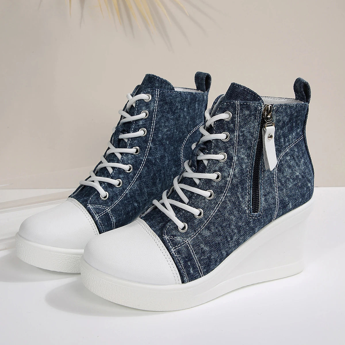 2025 New Women High Top Wedge Sneakers Blue Camouflage Shoes Woman Fashion Lightweight Lace Up Platform Ankle Sneakers Women
