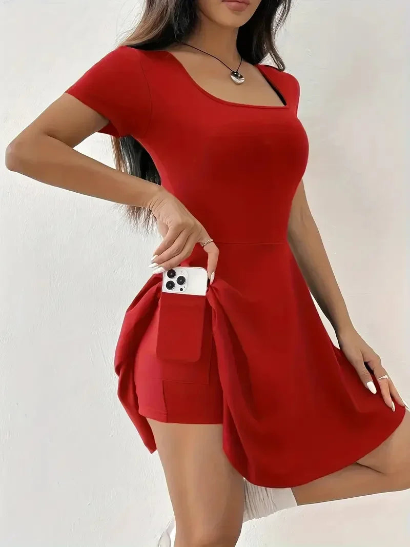 Summer 2025 Brown Knitted Short Casual Dress Mini Skirt Length Polyester Fiber Square Collar Empire Waistline Regular Sleeve
