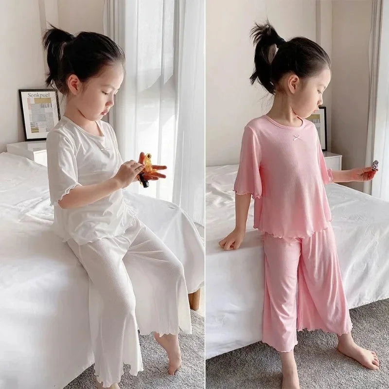 Girls Ice Silk Set Thin Children Homewear Clothes Summer Kids Air Conditioning Short Sleeve Children Sets Girl Pajamas Outfit