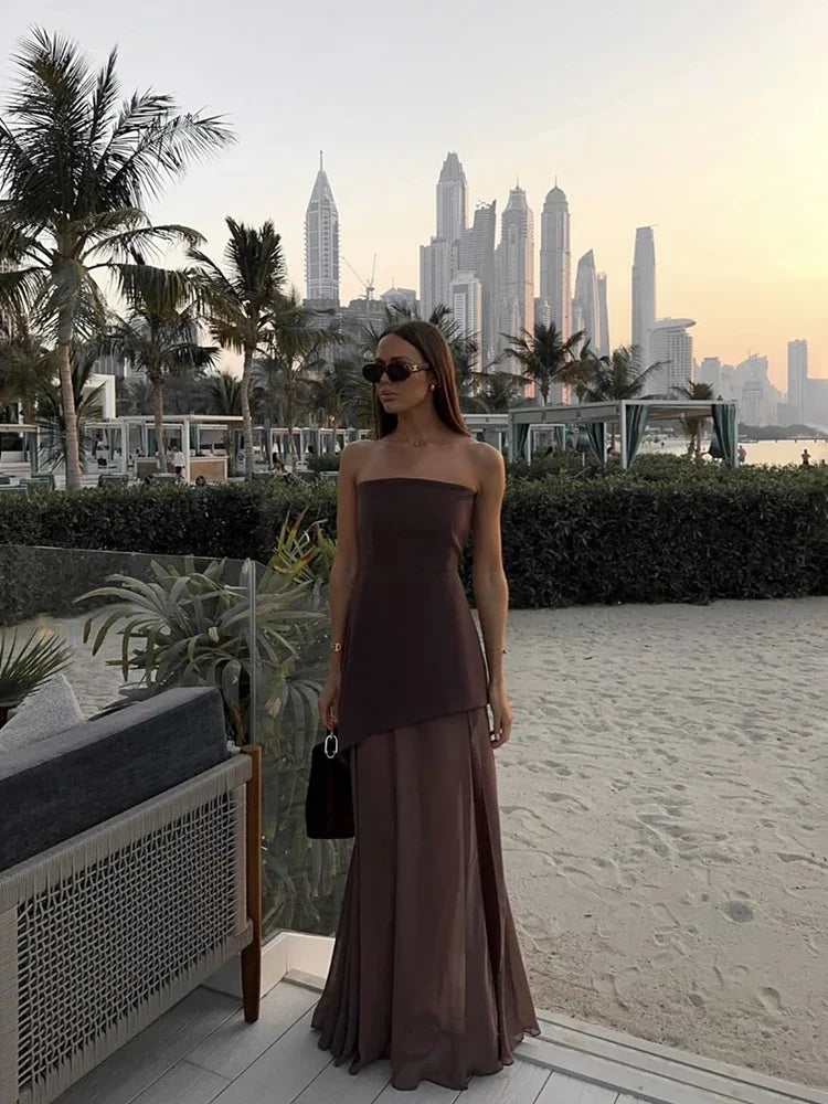 2025 New Strapless Dress With Ribbon Women's Elegant Sleeveless Mesh Beach Vacation Long Dress Spring Fashion Lady Dress