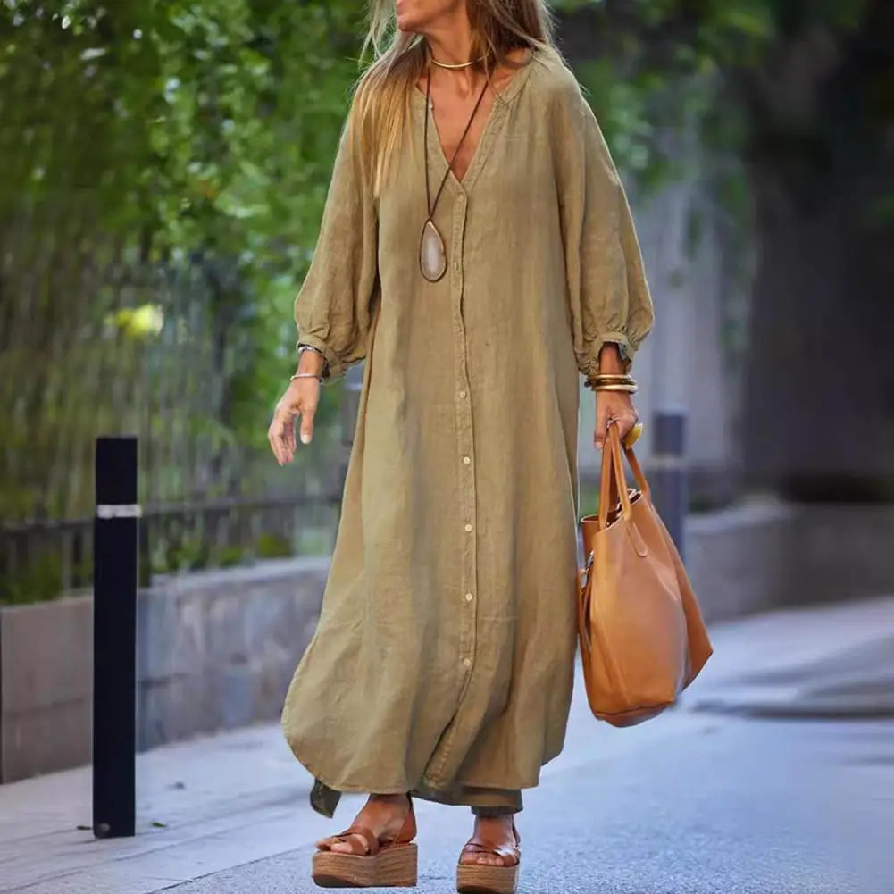 Spring Autumn Women Long Dress Loose Button-down 3/4 Sleeves Maxi Dress Pure Color V Neck Cardigan Casual Dress For Daily Wear