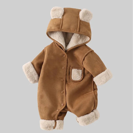 Korean Baby Winter Romper Vintage Thick Sherpa-Lined Hooded Jumpsuit Boys Girls Warm Infant Crawling Suit