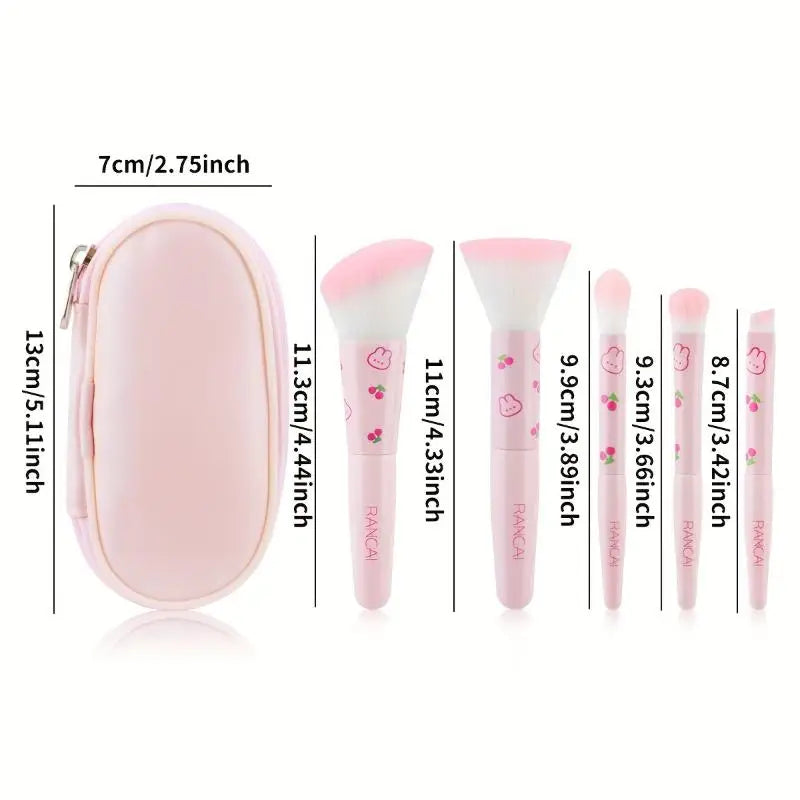 5pcs Cute Compact Makeup Brush Set With Case Premium Brush For Flawless Foundation Blush Eyeshadow Application Beauty Tools
