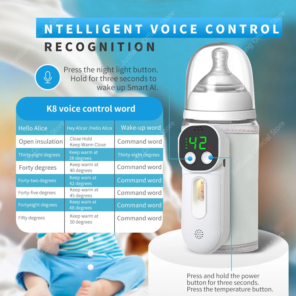 JUSTLANG Smart Voice Control Baby Bottle Warmer 7 Heat Level 8000mAh Multifunction Breast Milk Warmer Accurate Temperature