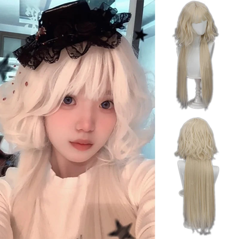 Ombre Pink Brown Wig for Women Cute Lolita Hair Wig with Bangs High Temperature Fibers Synthetic Wigs Headband Wigs for Cosplay