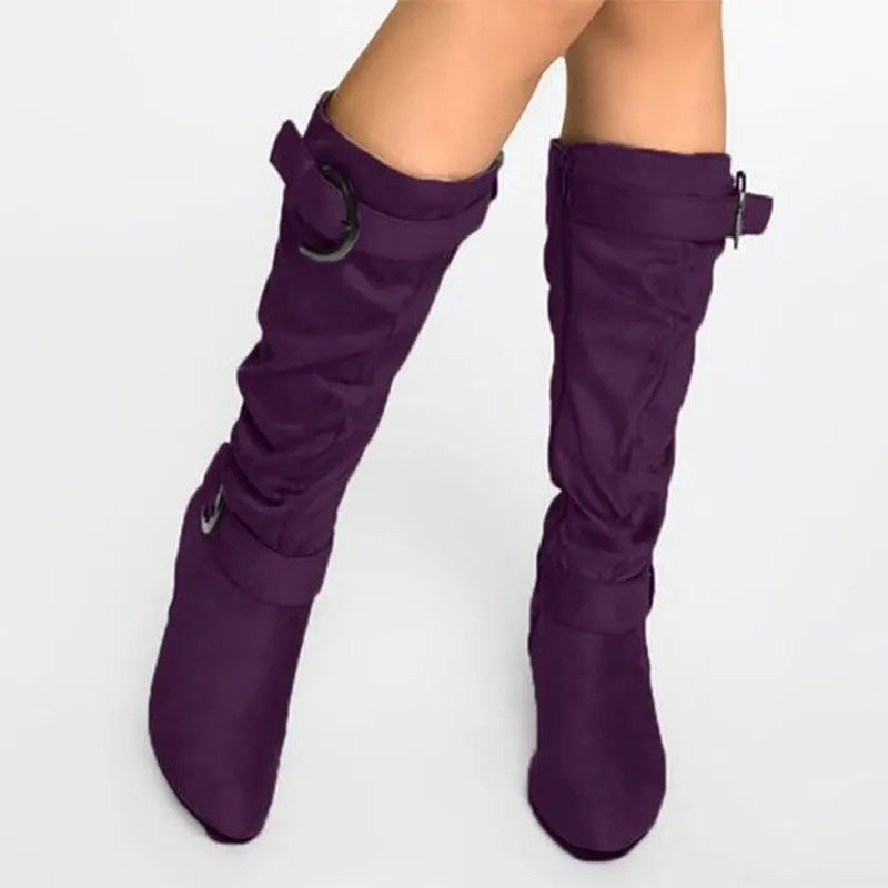 Women's Boots Mid Calf New Fashionable Bohemian Boots Square Heel European and American Belt Buckle Metal Decoration Women Shoes