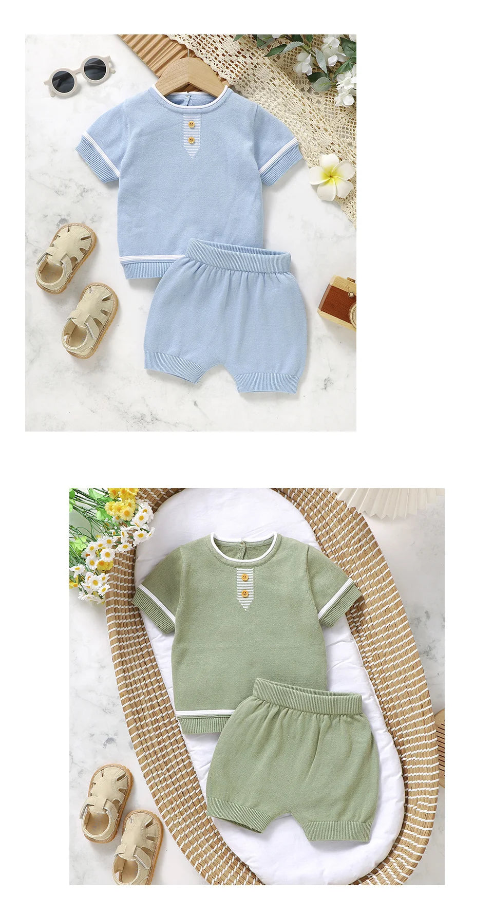 Summer Solid Short Sleeve T-Shirts+Shorts 2PCS Outfits for Newborn Boys Cotton Clothes Sets 0-18m Infant Knit Tracksuits Costume