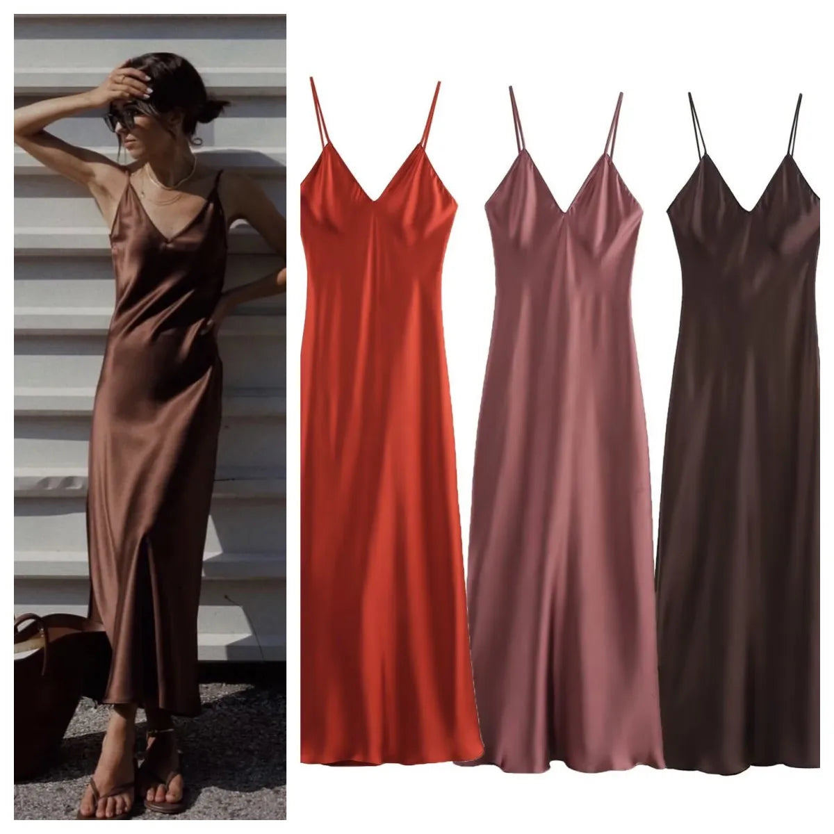 2025 New Elegant women's fashion silk satin texture MIDI dress sexy backless party slip dress
