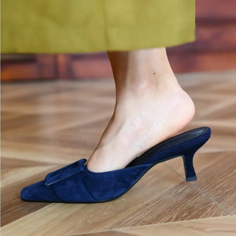 2022 Woman Summer sandals Lady mules big size 42 basic style shoes kid suede french style buckle slippers Women pump pointed toe