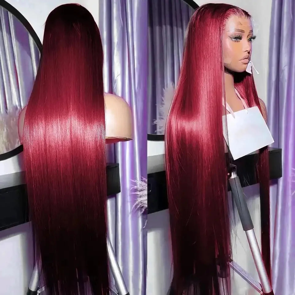 99J Red Burgundy Color Straight 13X4X1 HD Full Lace Frontal Wigs For Women Preplucked With Baby Hair Heat Resistant Fiber  Soft