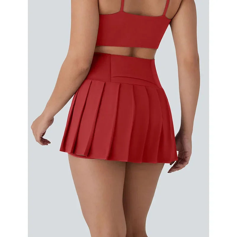 Women Inside Safe Shorts Tennis Skirts Red Cross Bandage Running Sports Pleated Skirt Woman High Waist Fitness Yoga Mini Skirts