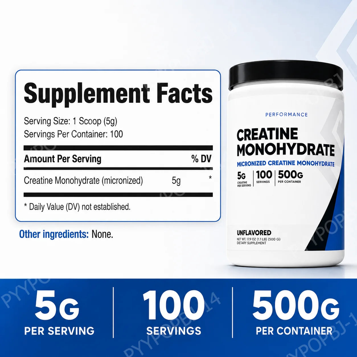 Creatine Monohydrate Micronized Powder Unflavored 5g Per Serving 100 Servings Muscle Energy Strength Power Support 500g
