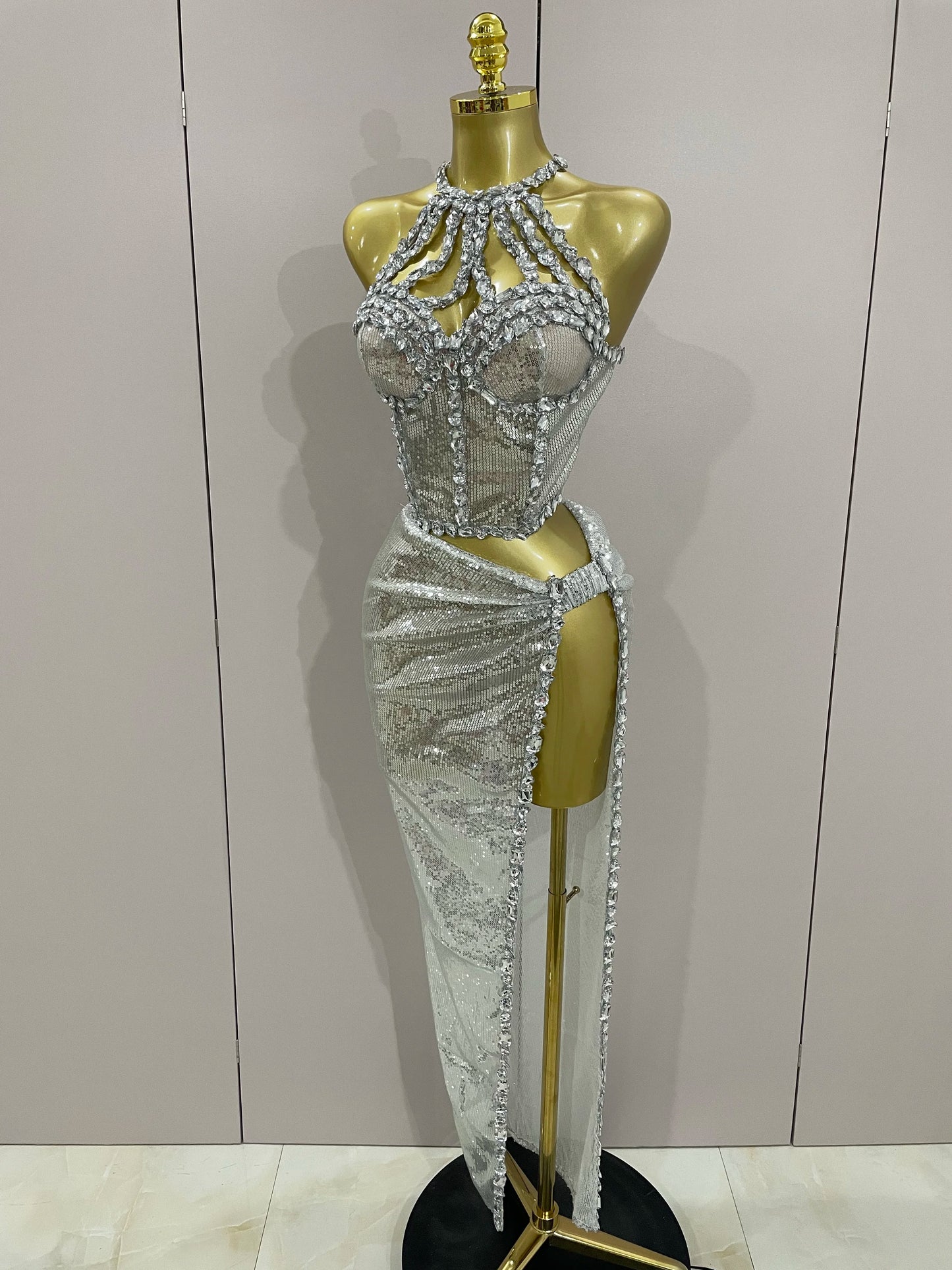 Sexy Luxury Shiny Diamond Sequins Cocktail Dress 2Pcs Set 2025New Women Evening Celebrate Birthday Party Nightclub Stage costume