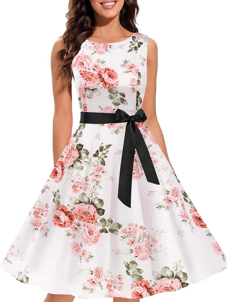 Sleeveless Floral Print Summer Dress Women Elegant Vintage Casual O Neck A Line Midi Party Sundress Vestidos With Belt