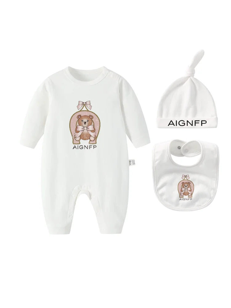 Cute Bow Bear Romper Newborns Clothes Autumn 2025 Hot Sale New Toddler Jumpsuit Hat Bib scarf Set Baby Girls Long sleeves Romper