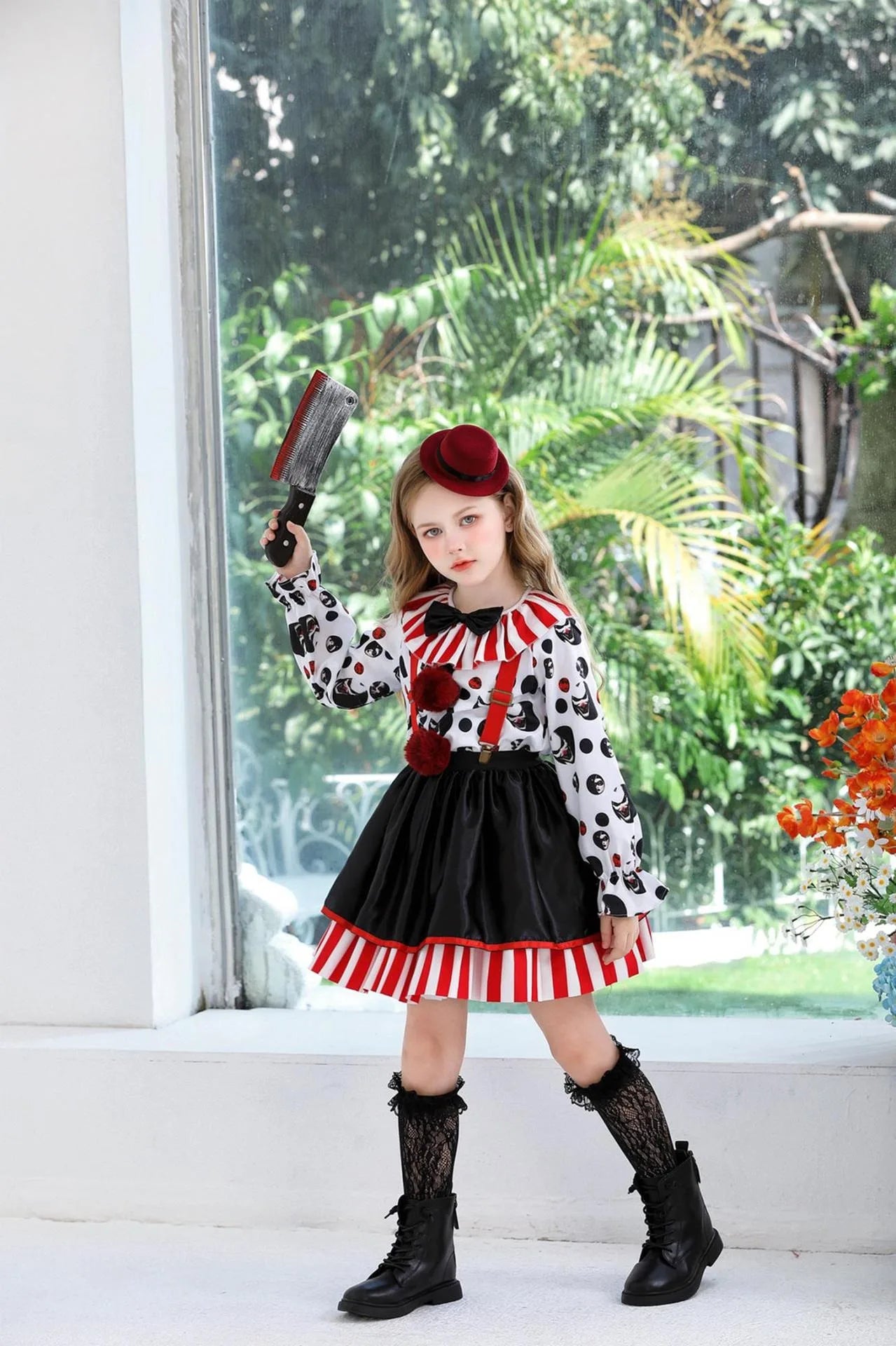 Halloween Cosplay Costumes Horror Clown Dresses Pants Headwear Clothes Sets Carnival Theme Party Role Playing Outfits for Girls
