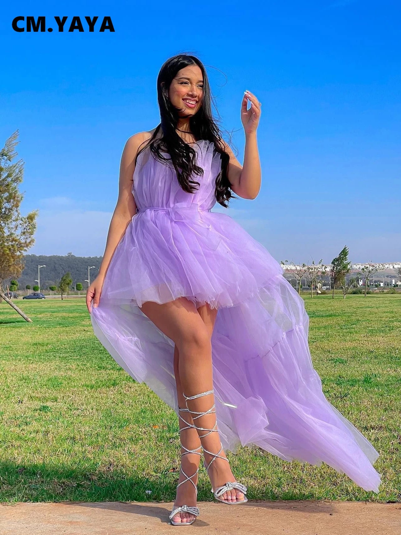 CM.YAYA Women Strapless Mesh Ball Gown High Low Irregular Cocktail Dress 2023 Autumn Vestidos Sexy Party Even Dresses