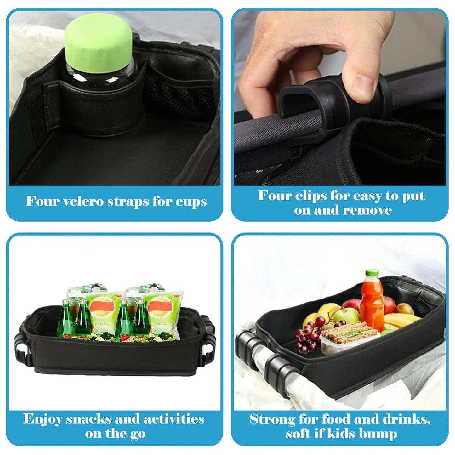 Double Sided Stroller Tray for Snacks & Activities Featuring Faux Leather Side for Eating, Polyester Side for Activities