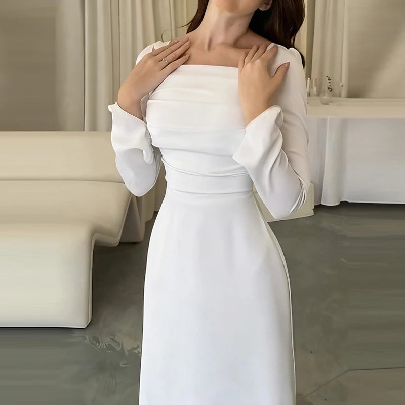 White Slim High Waist Banquet Dress Temperament Women Long Sleeve Party Maxi Dresses Fashion Square Collar Pleated Evening Dress