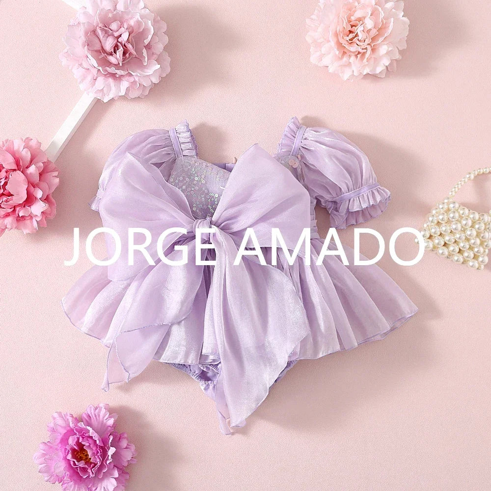 New Summer Sister Girl Matching Romper Dress Short Sling Sleeves Big Bow Bodysuit Sequined Princess Dresses Twins Clothing H1518